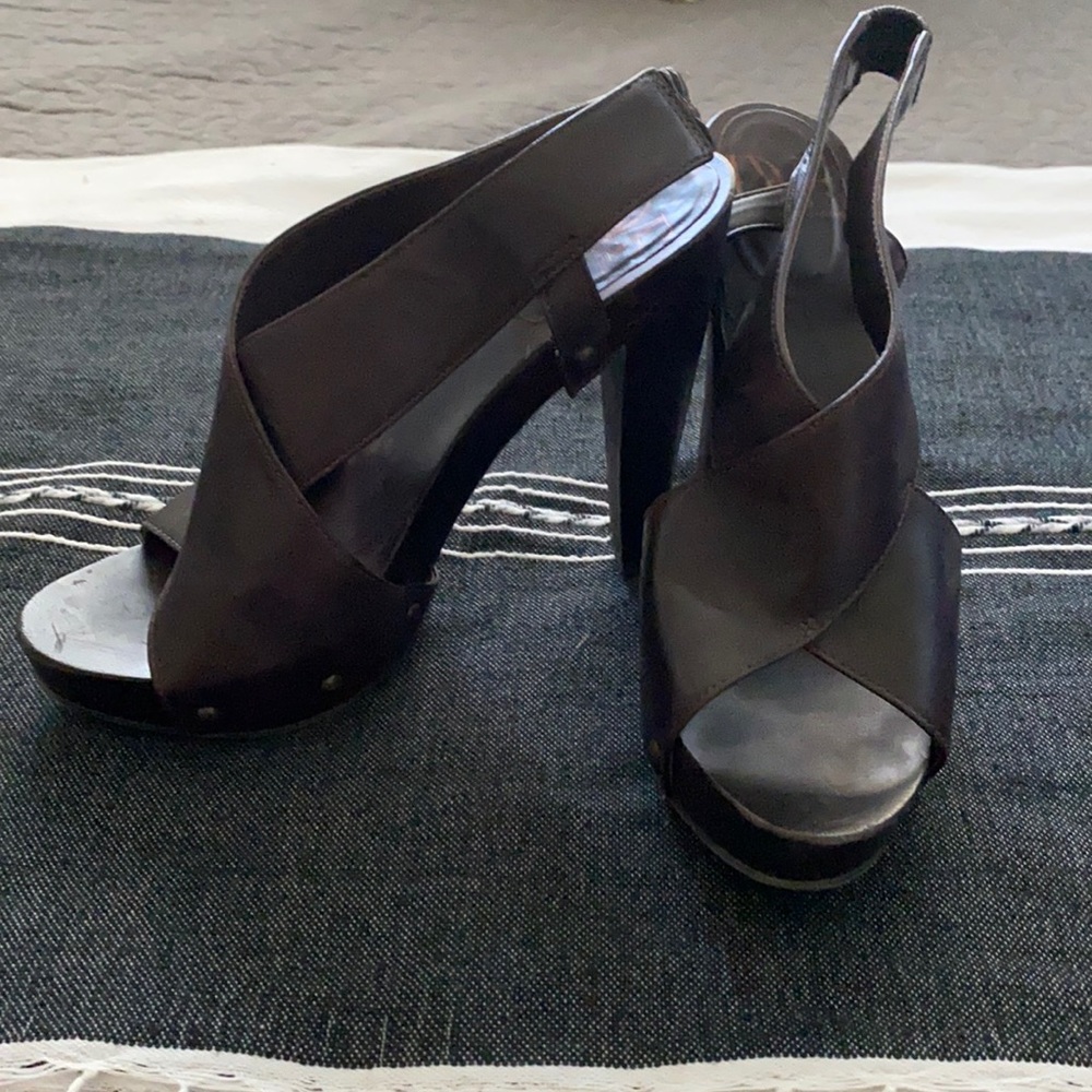Brown Leather Wooden Heels